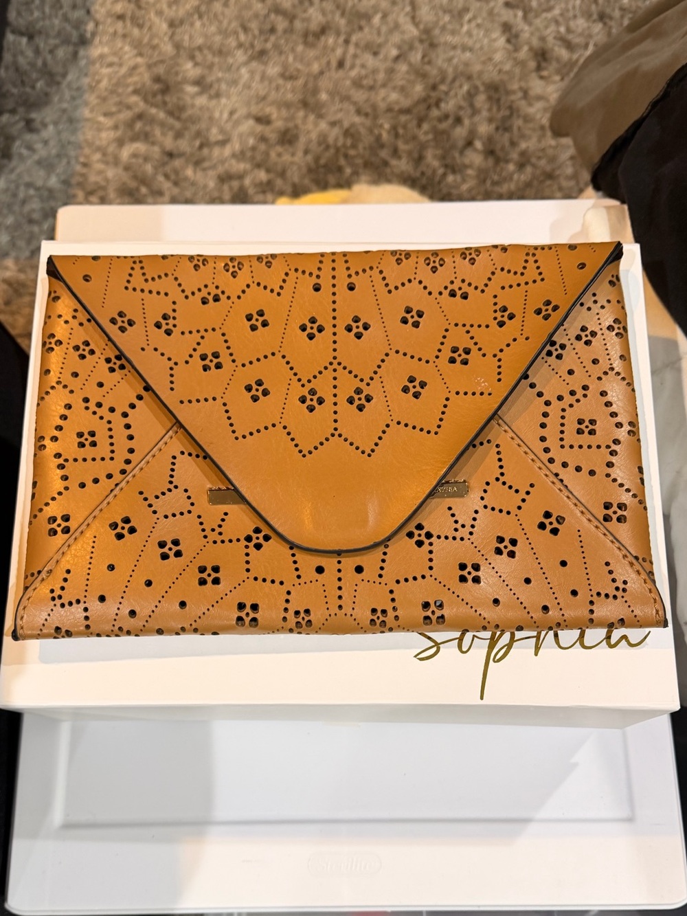 BCBGMaxAzria Tan Perforated Envelope Clutch